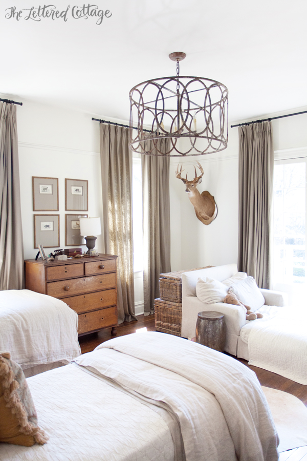 Boys Bedroom | Old House | Chandelier | Light Fixture | Antique Pine Dresser | White and Neutral