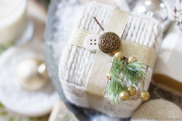 Cable Knit Gift Wrap | Antique Button | Christmas Decorating Inspiration