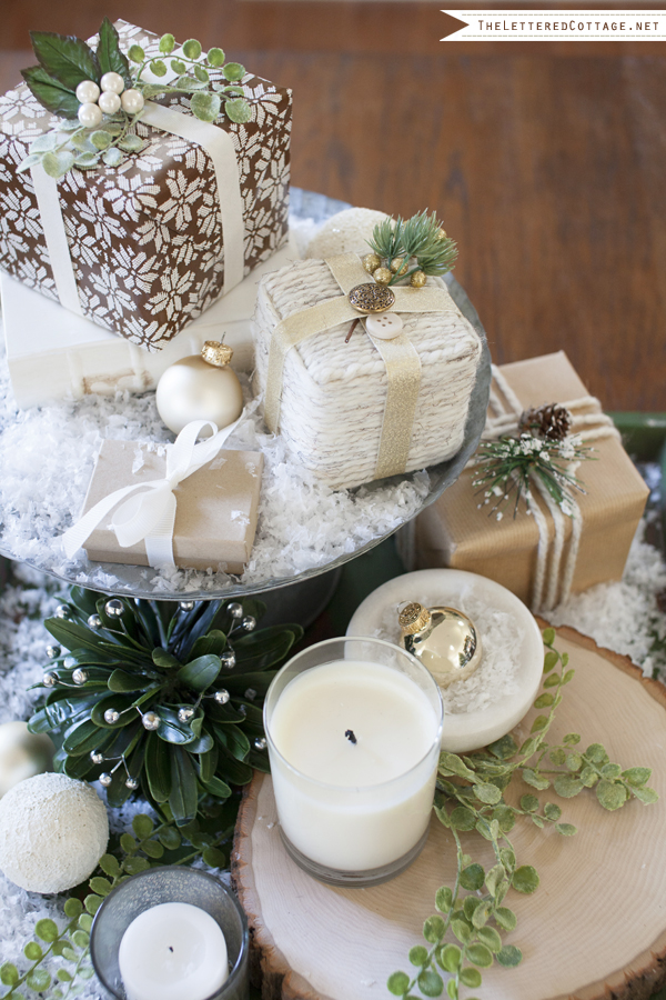 Christmas Decorating Ideas | Yarn Wrapped Box | Faux Snow | Galvanized Pedestal | Neutral Colors
