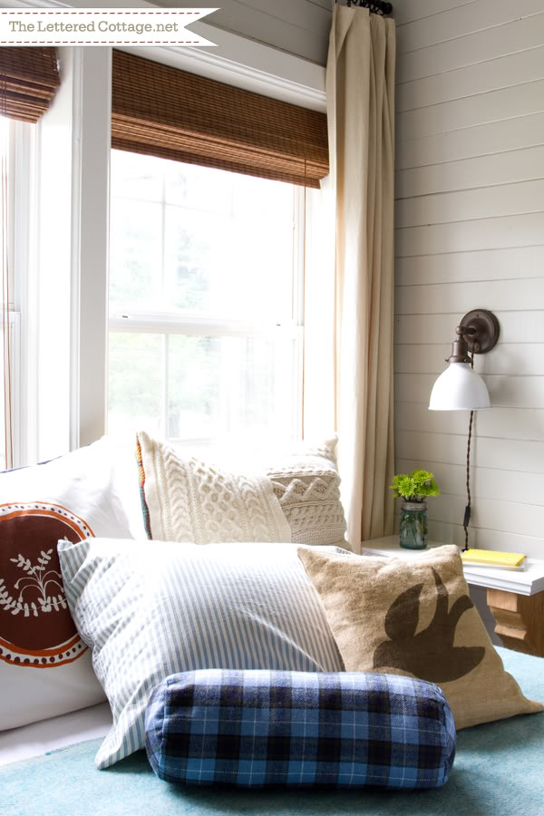 Guest Bedroom | Home Office | The Lettered Cottage | Wood Wall | Plaid Bolster