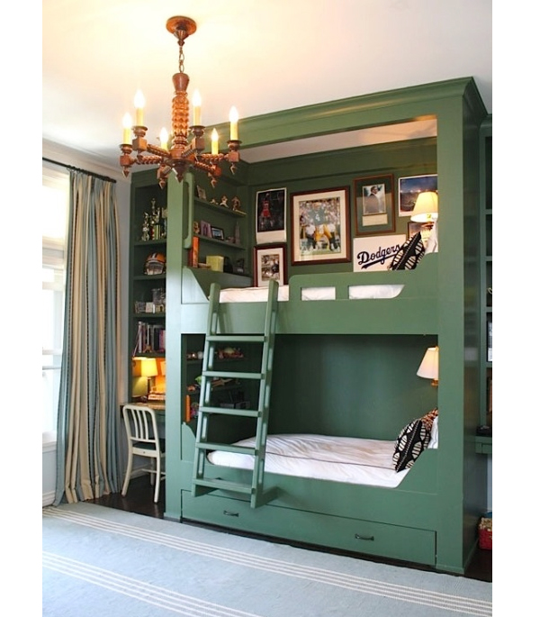 Boys Bedroom | Built in bunk beds and desks | Green Paint | Striped Rug