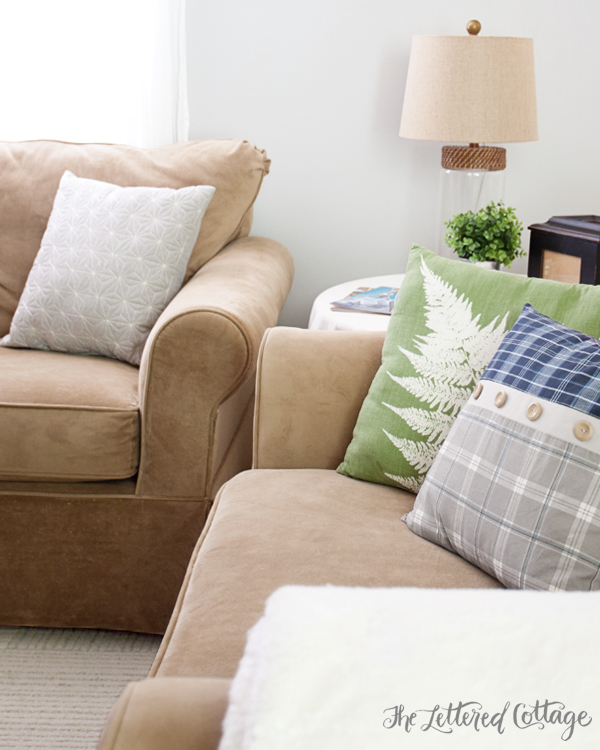 TJ Maxx Throw Pillows | Neutral Sofa | Gray Walls | Rustic Contemporary Traditional Living Room