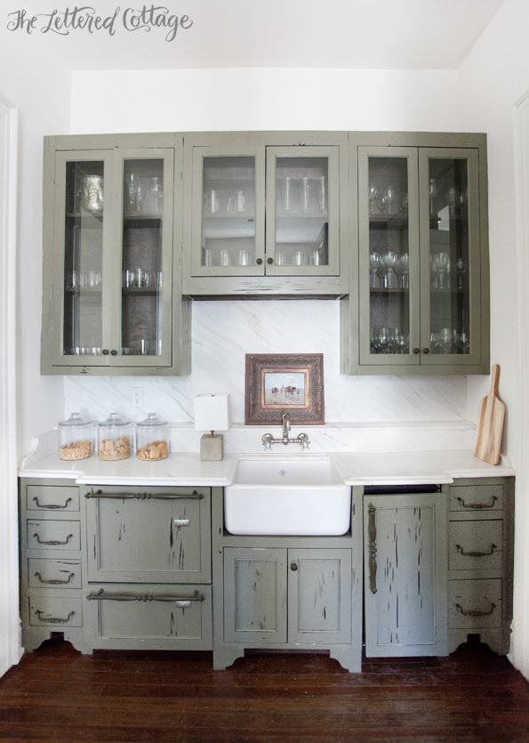 Ashley Gilbreath Interiors | Old Cloverdale House | Green Cypress Cabinets | Butlers Pantry | Marble Countertop