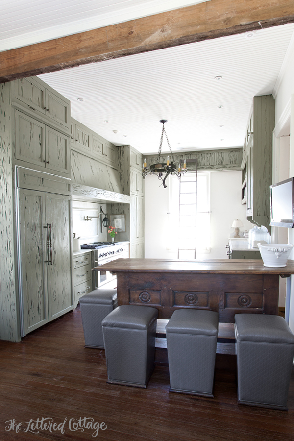 Old Cloverdale House | Ashley Gilbreath Interiors | Montgomery Alabama | Green Cypress Kitchen Cabinets | Gray Stools | Salvaged Bar