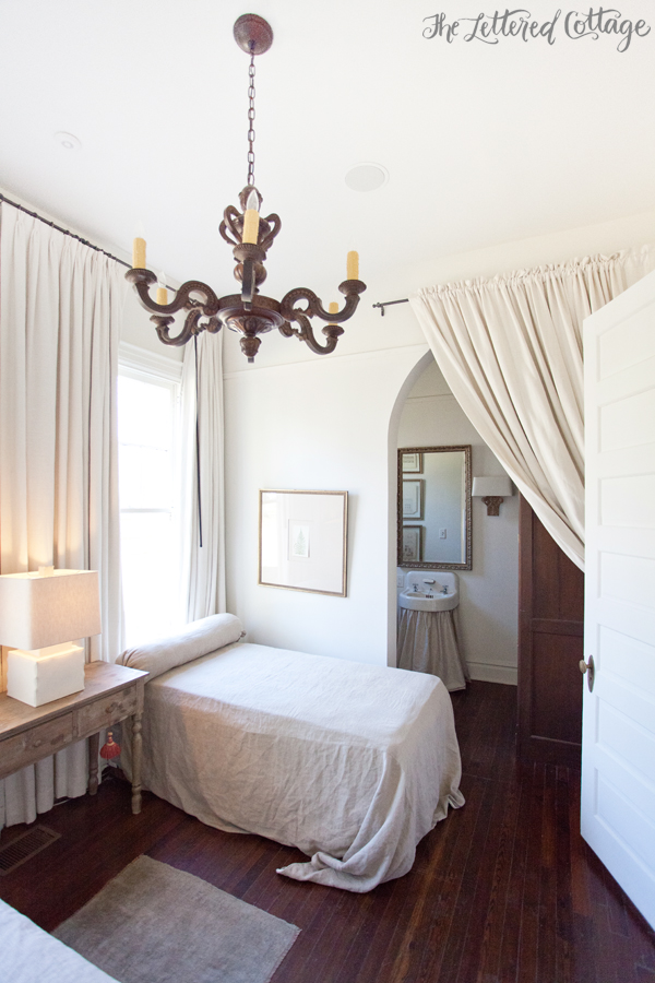 Guest Bedroom | Old House | European Style | Neutral | Chandelier | Guest Bathroom | Linen