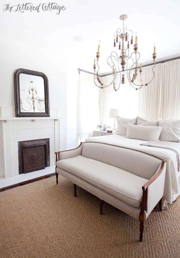 Master Bedroom | White and Neutrals | Fireplace | Chandelier | Loveseat