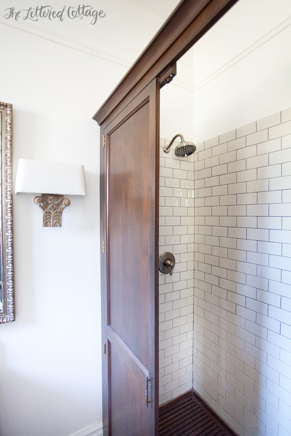 Shower in Armoire | Old House Guest Bathroom | Ashley Gilbreath Interiors