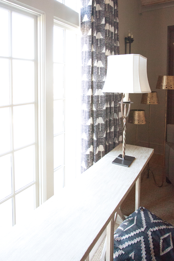 Curtain Drapery Fabric | Ottoman | Brass Lamps | Phillip Sides Interior Design | Portis Home