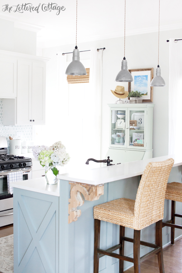 The Lettered Cottage Kitchen | Laylas Mint Milk Paint | Miss Mustard Seed | Heather Gray Island | Gray Owl Walls