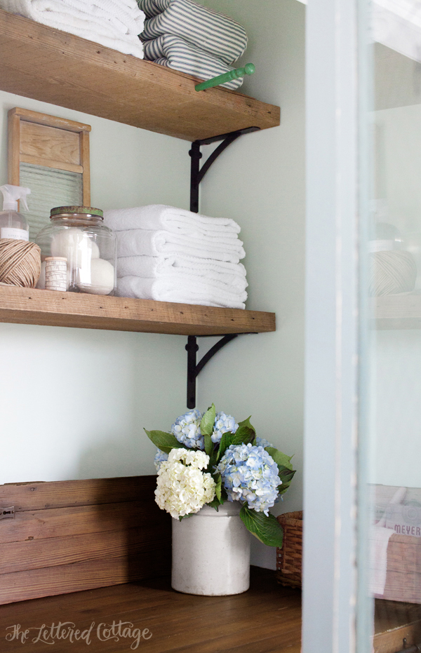 Laundry Room | Rustic Wood Shelves | Old Door Countertop