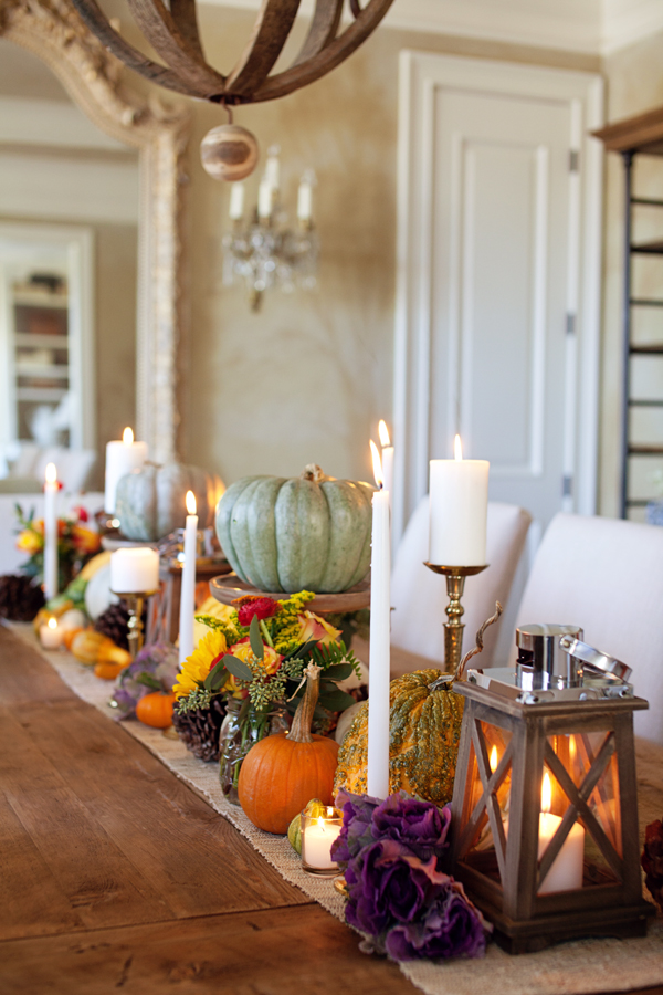 Fall Tabletop Decor | Tablescape | Pumpkins | Lanterns | Pinecones | Flowers | Candles