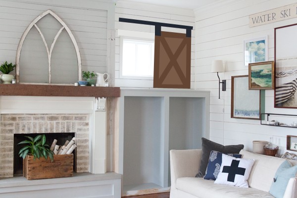 Farmhouse Living Room | The Lettered Cottage | Sliding Shutter Idea